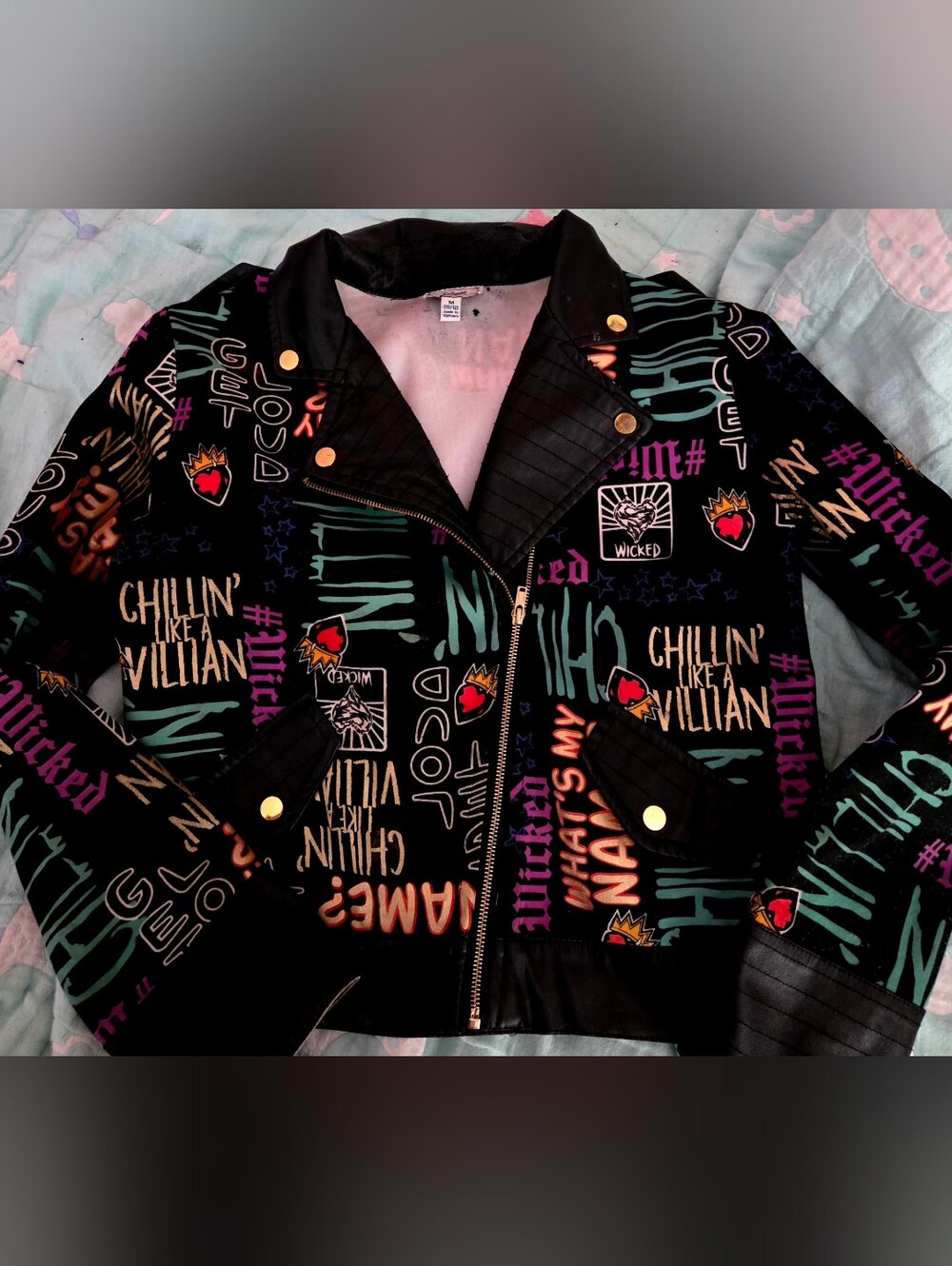 Disney Black Faux Leather Graphic Moto Jacket with Multicolor Prints